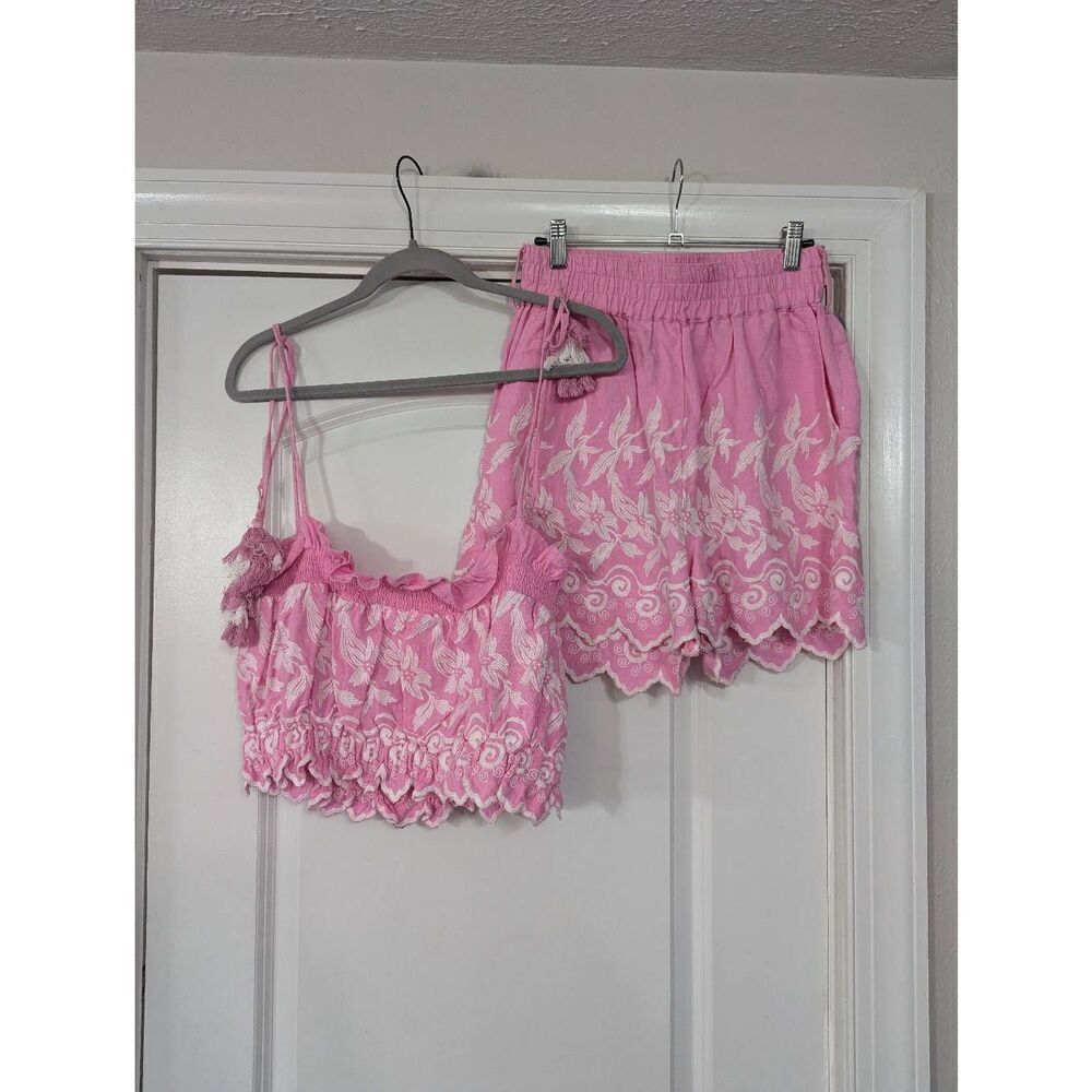 Anthropologie Pink Embroidered Crop Top and Shorts Set